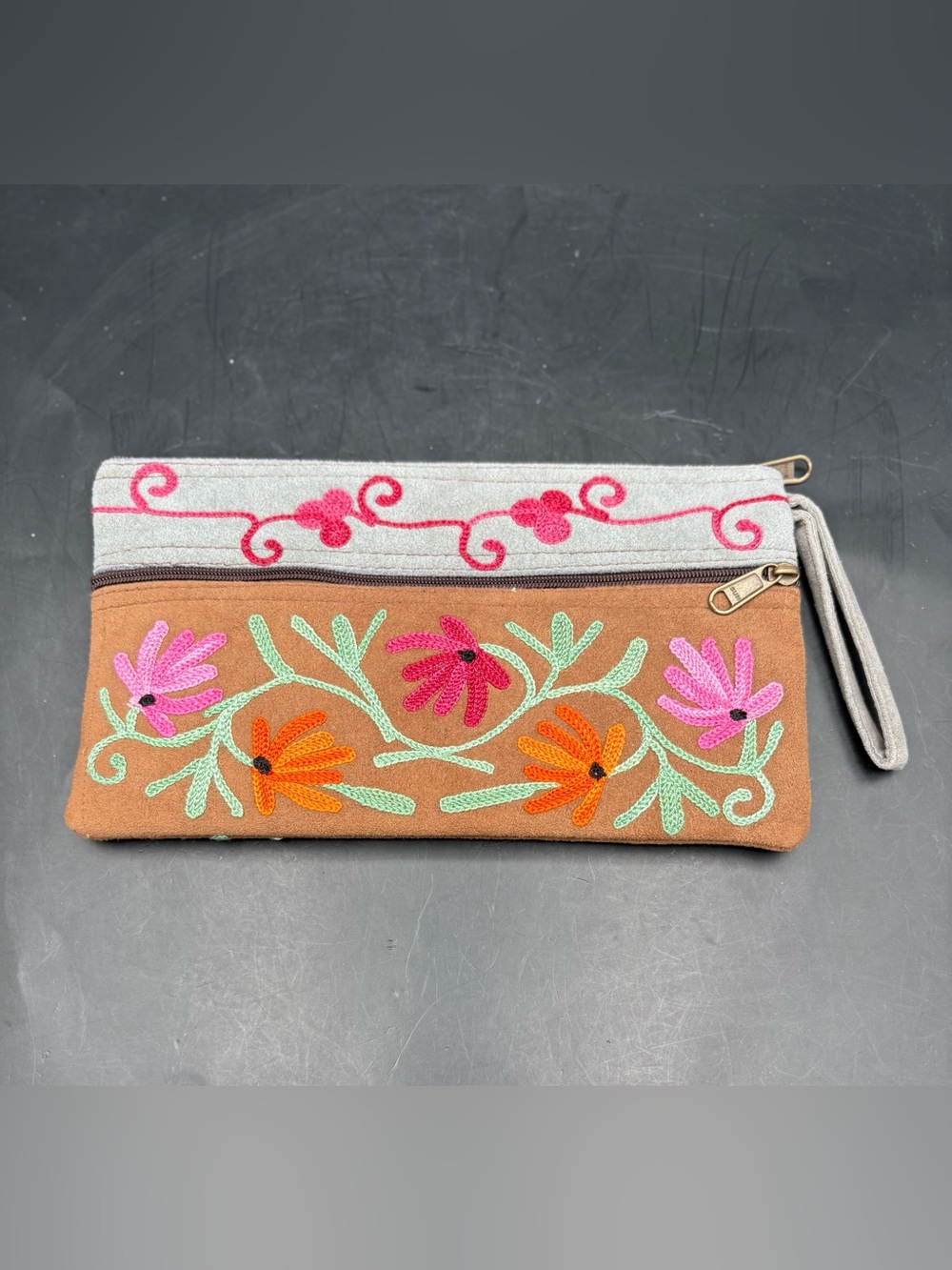 Boho Zipper Wallet Travel Wristlet Pencil Case Cosmetic Pouch Suede Embroidered